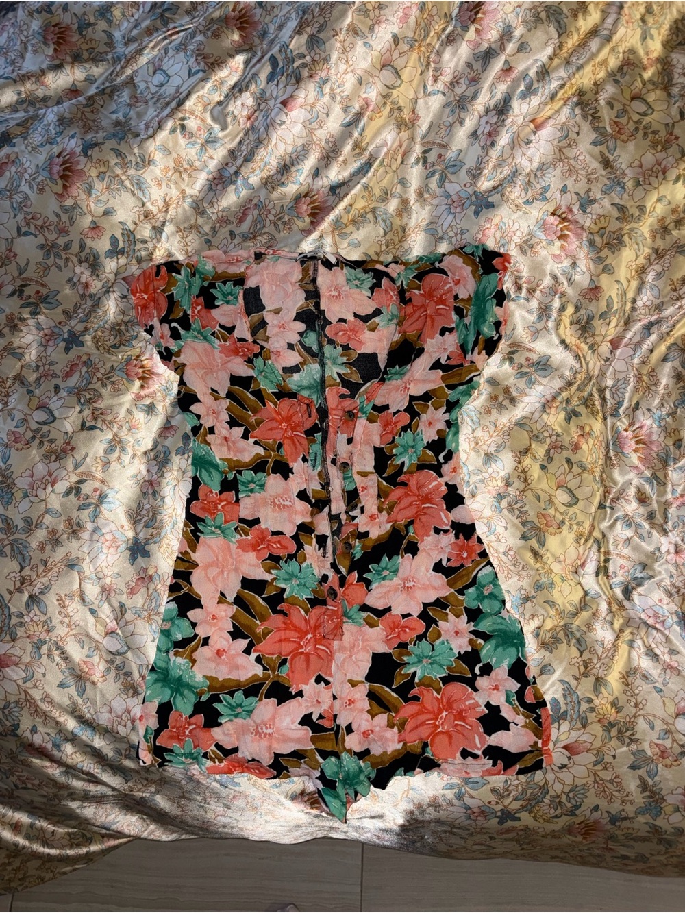 Floral  Romper in Black with Coral & Teal Blooms